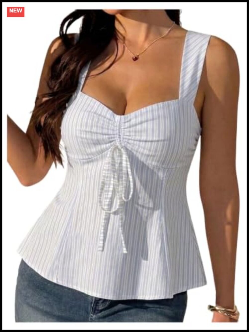 Striped Peplum Tank Top Sweetheart Neck Tie Front Sleeveless Open Back Flared